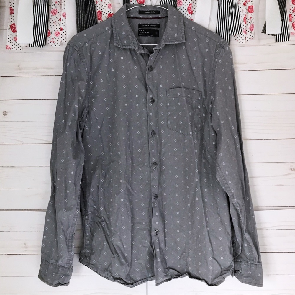 Denim & Flower Grey Diamond Pattern Button Down